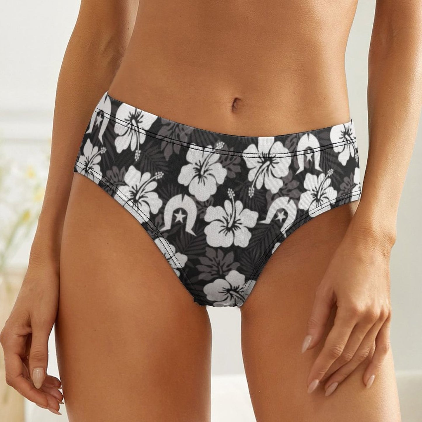 White Hibiscus and Dhari (Black) on Women's Low-Rise Panties