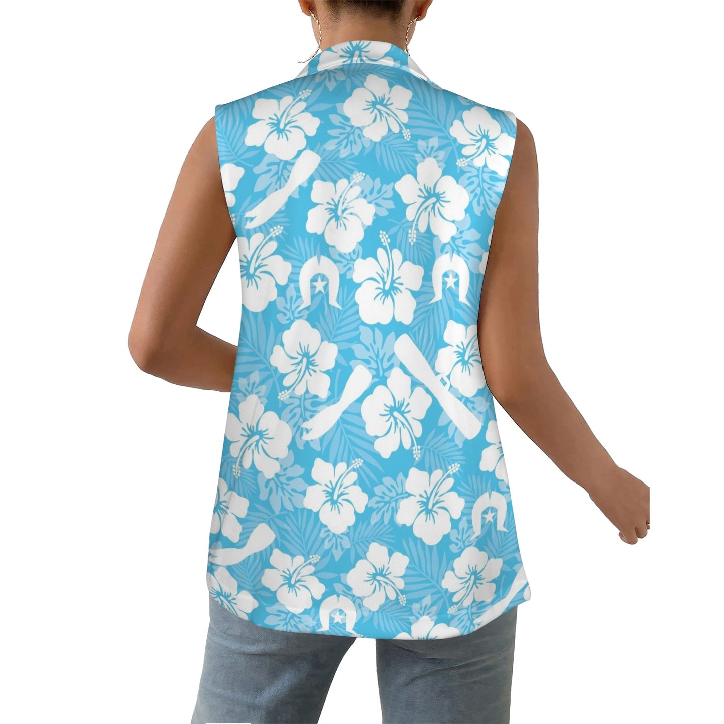 White Hibiscus flowers, Warup and Dhari on Women Sleeveless Suit Vest