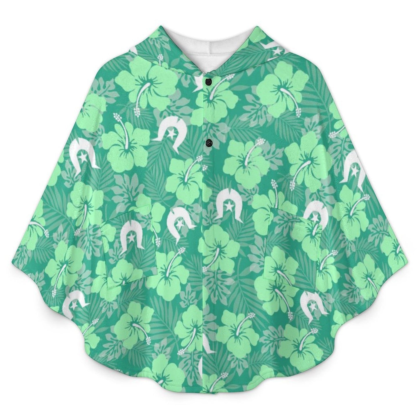 Hibiscus flowers with Dhari (Royal mint) on Fleece Hooded Cape for Adults