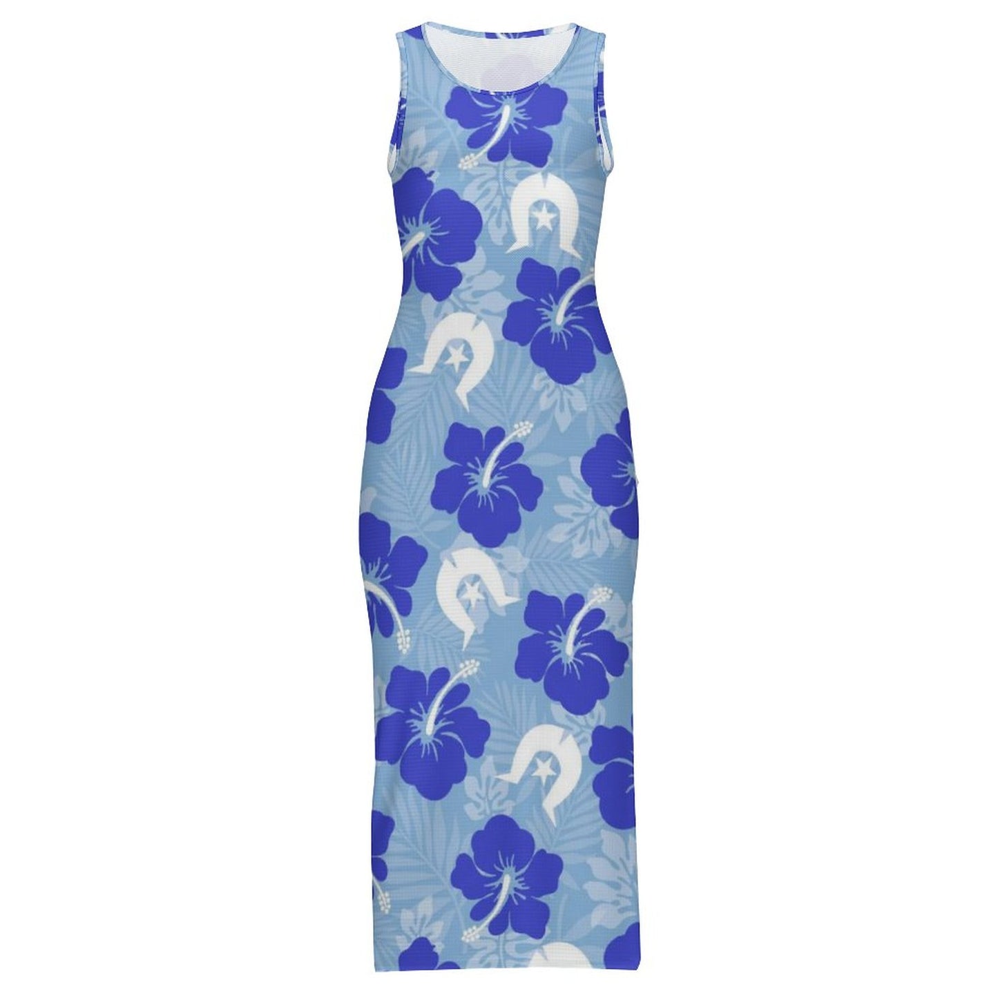 Hibiscus flowers with White Dhari (Sky blue) on 180gsm Slit Fitted Camisole Cheongsam