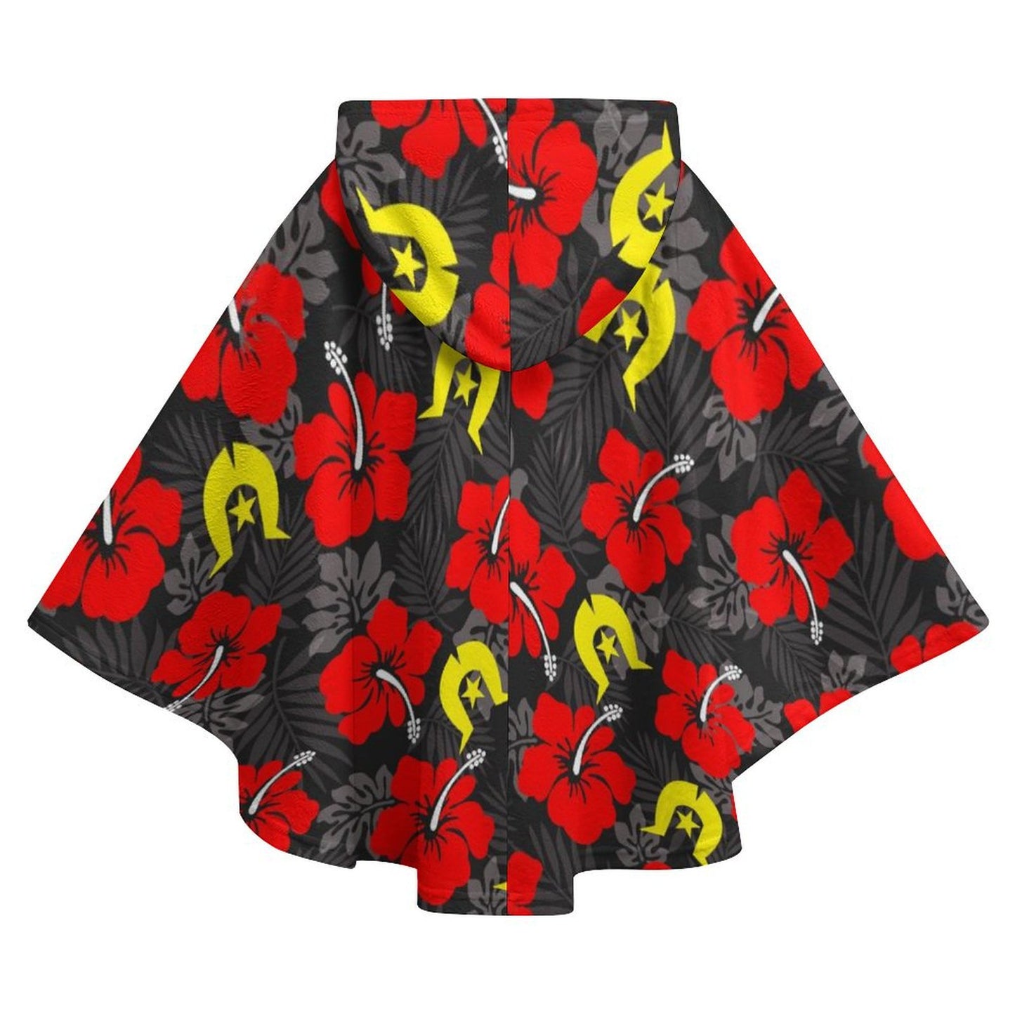 Royal Red Hibiscus with Yellow Dhari on Fleece Hooded Cape for Adults