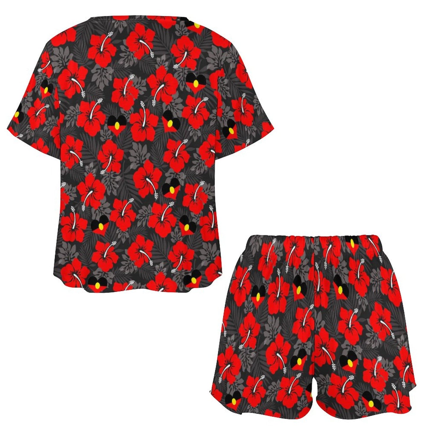 Royal Red Hibiscus and heart shaped Aboriginal flag on Short Sleeve Loungewear Set