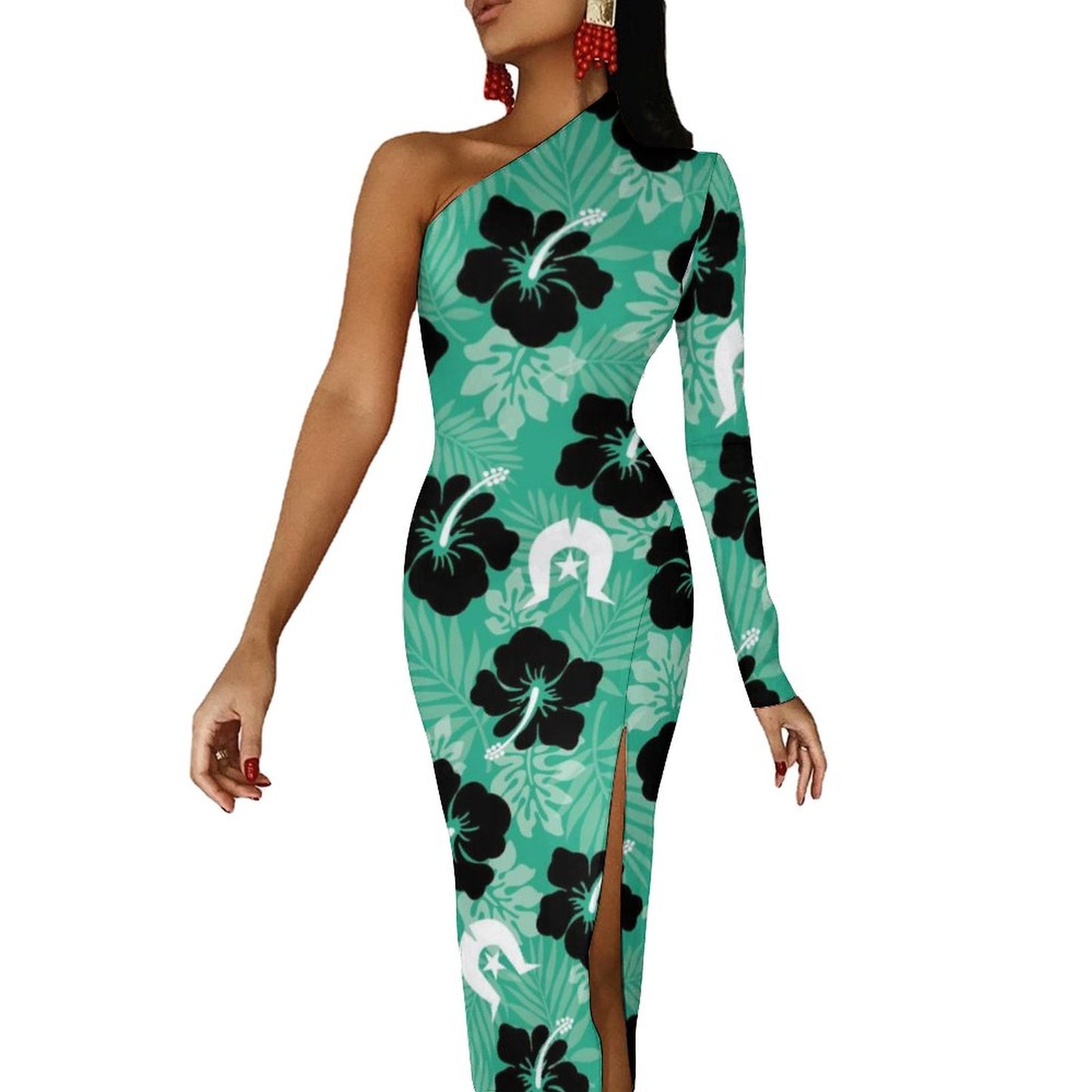 Black Hibiscus with White Dhari on One Shoulder Split Dress BIQ