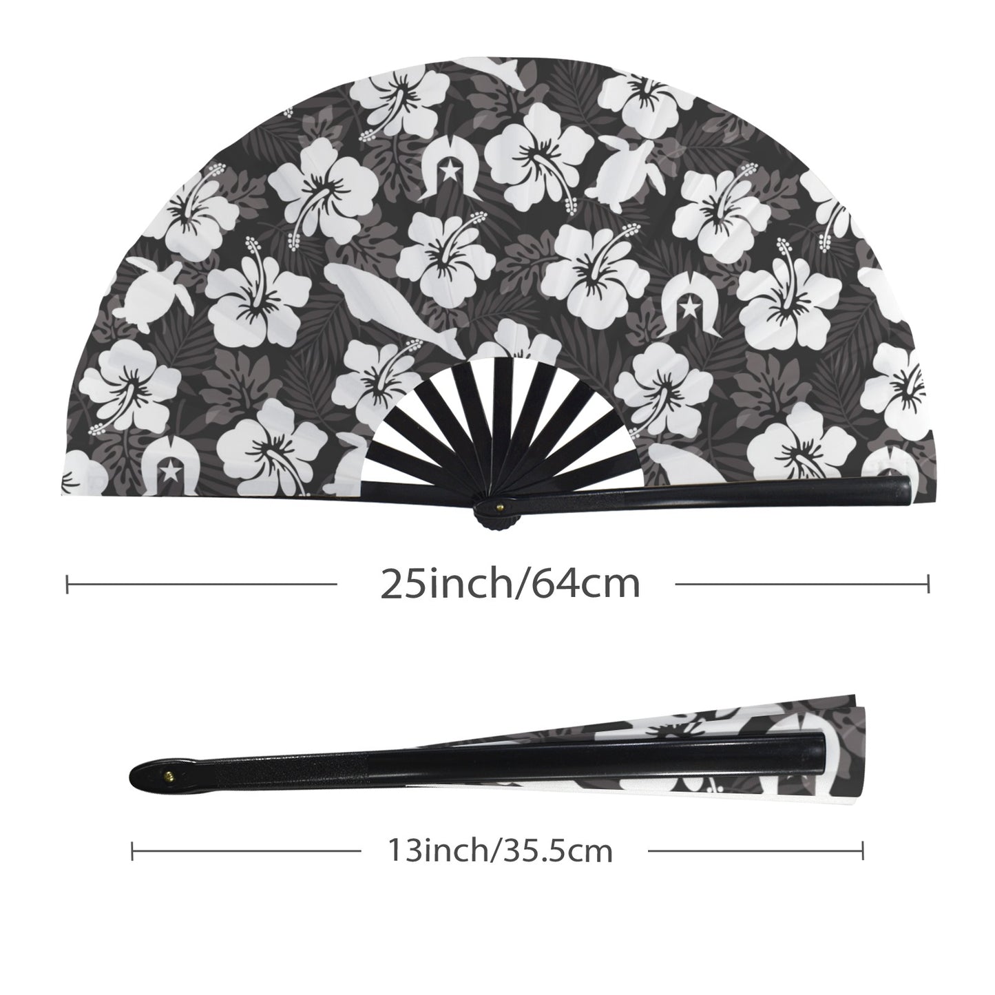 White Hibiscus flowers with Dugong, Turtle and Dhari (Black) on Folding Clack Fan