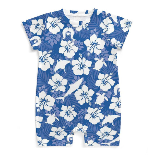 White hibiscus flowers with Dhari, Shark, turtle, and stingray (Blue) on Faux Cotton Short Sleeve Baby Bodysuit Romper