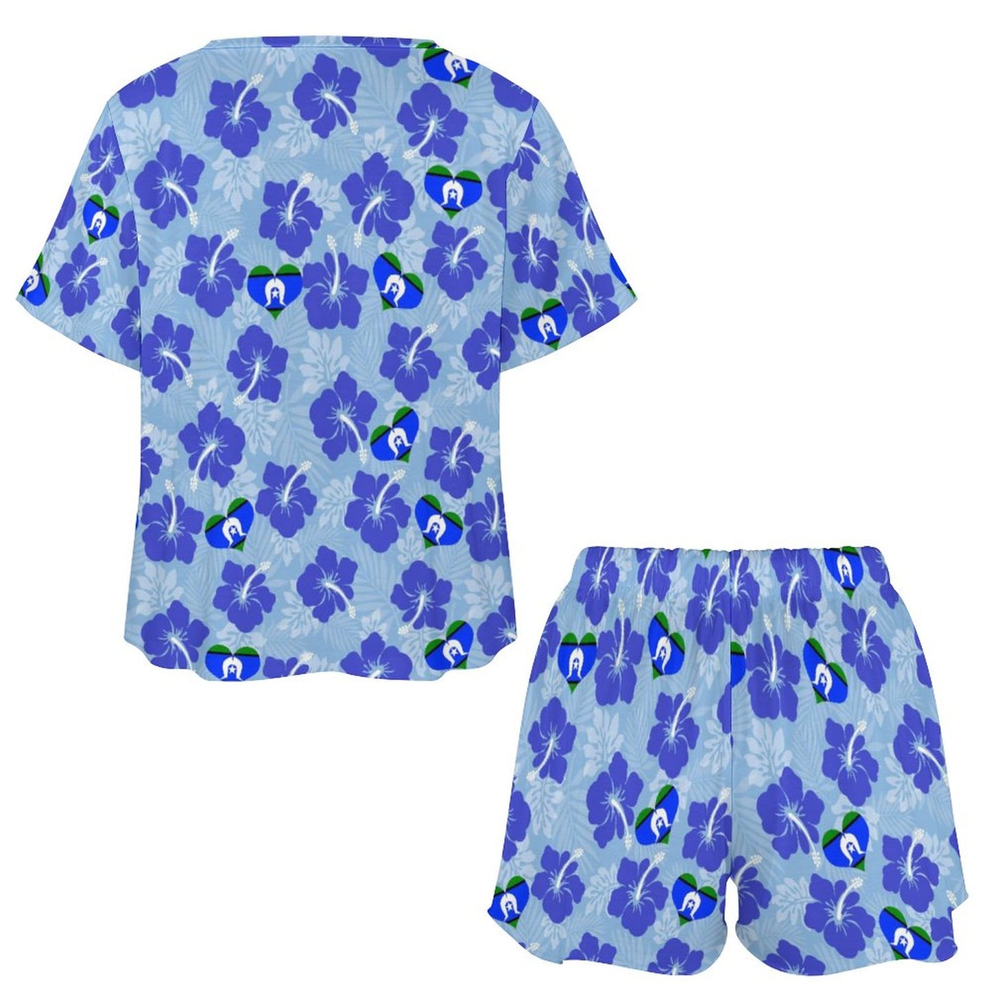 Blue Hibiscus flowers with Torres Strait Heart Flag on Short Sleeve Loungewear Set