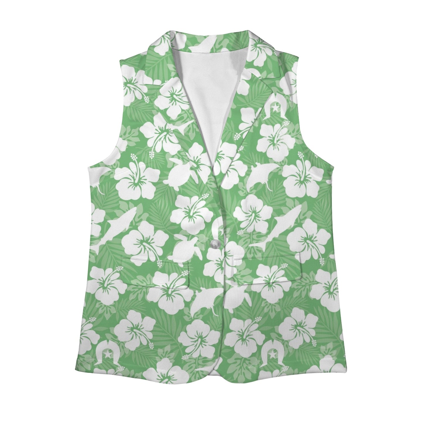 White hibiscus flowers with Dhari, Shark, turtle, and stingray (Green) on Women Sleeveless Suit Vest