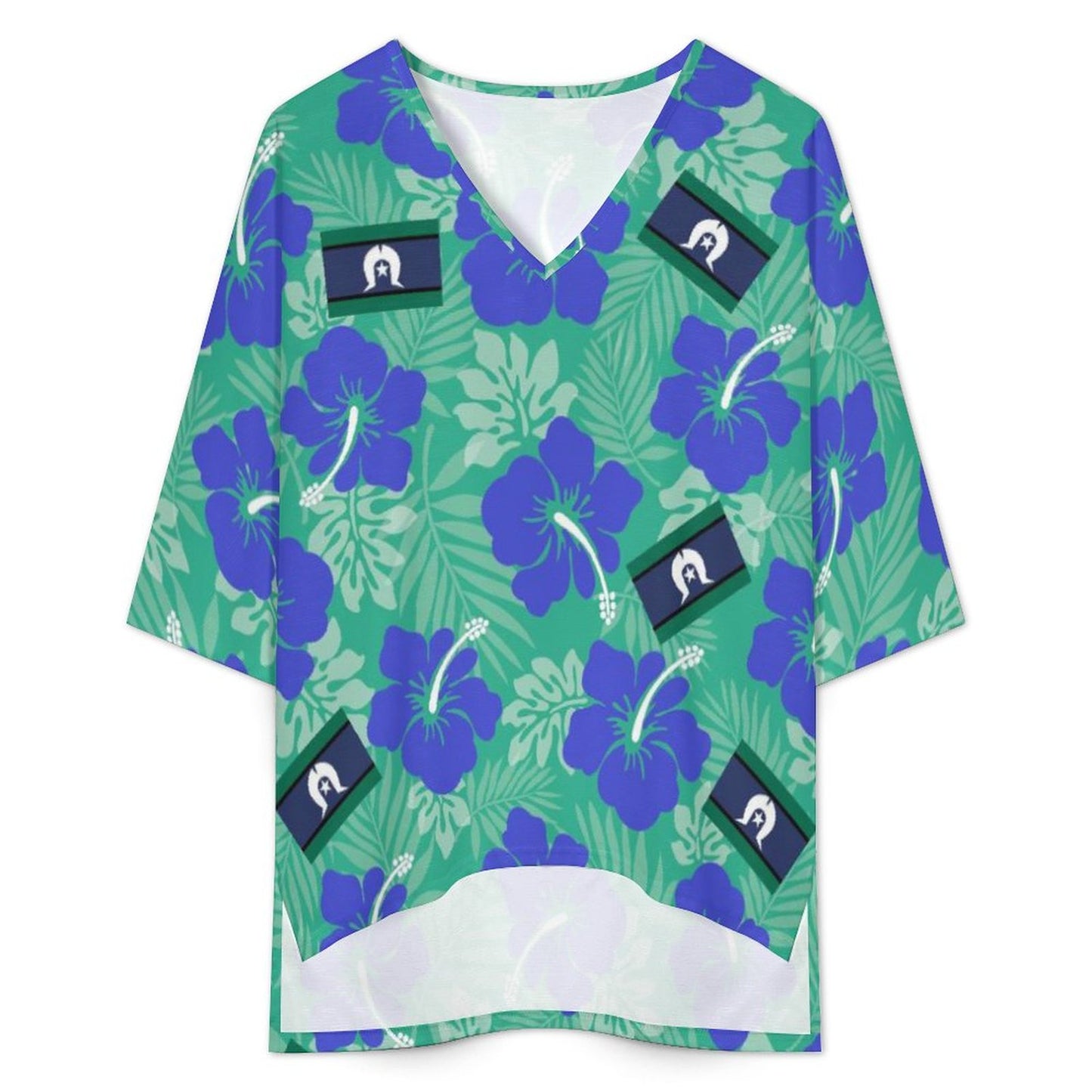 Hibiscus flowers with Torres Strait flag on Mediterranean Style V-Neck Suit