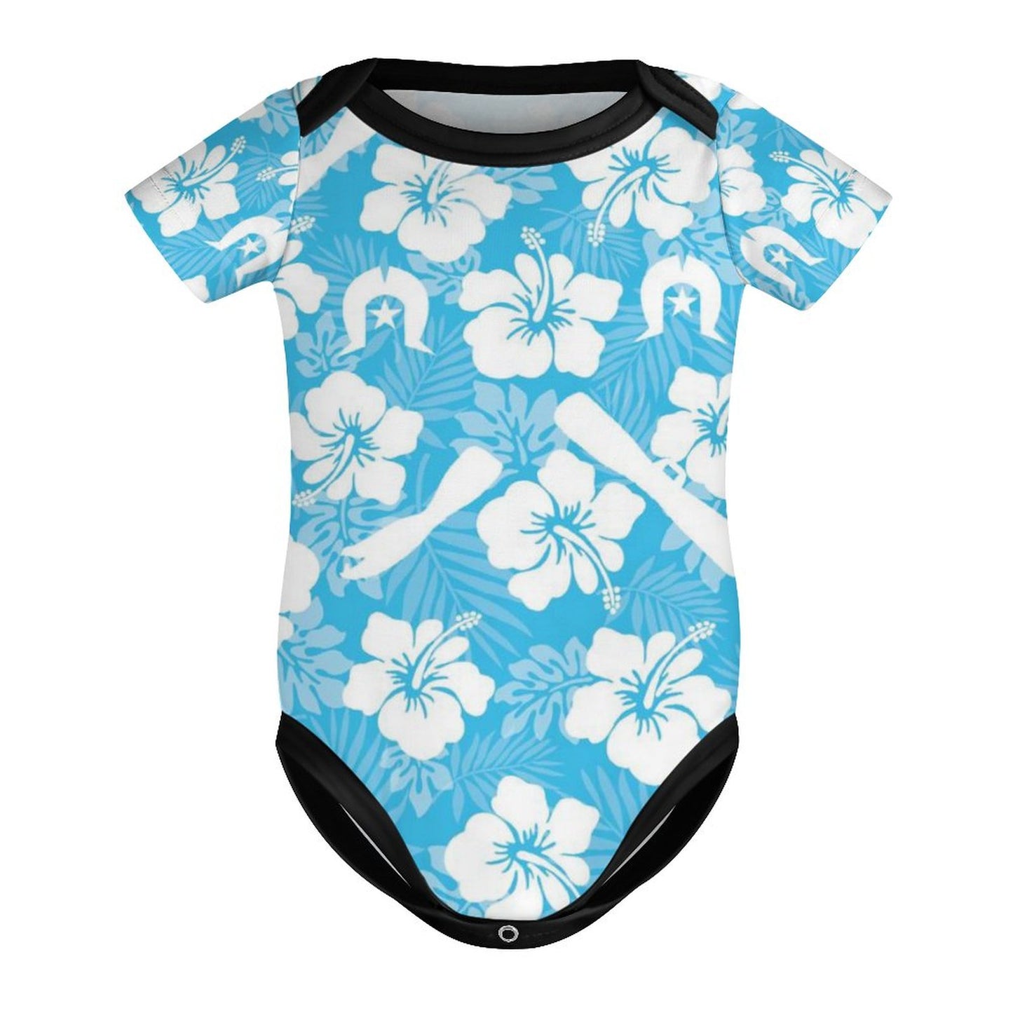 White Hibiscus flowers, Warup and Dhari on Faux Cotton Short Sleeve Baby Romper
