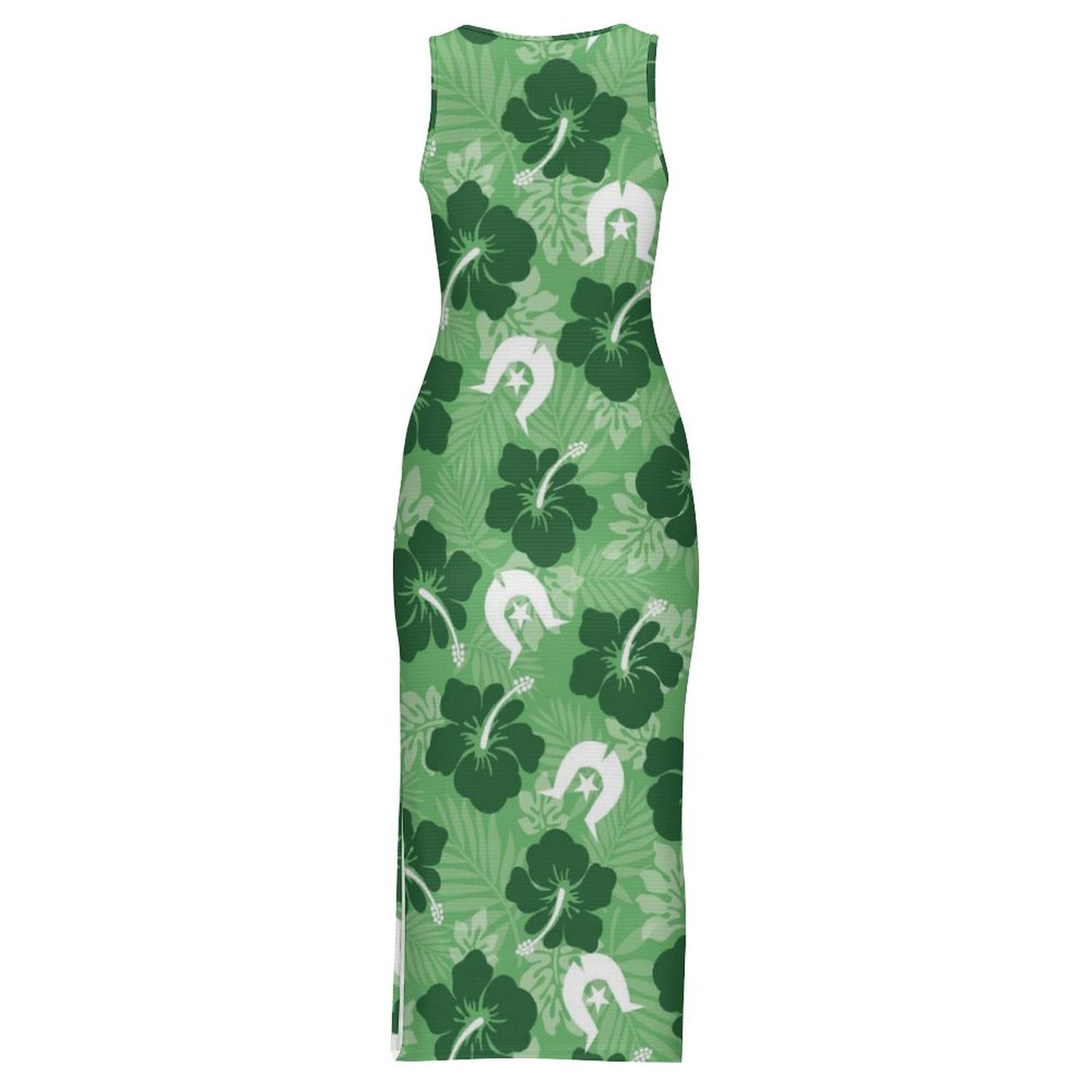 Hibiscus flowers with Dhari (Sea Grass Green) on 180gsm Slit Fitted Camisole Cheongsam