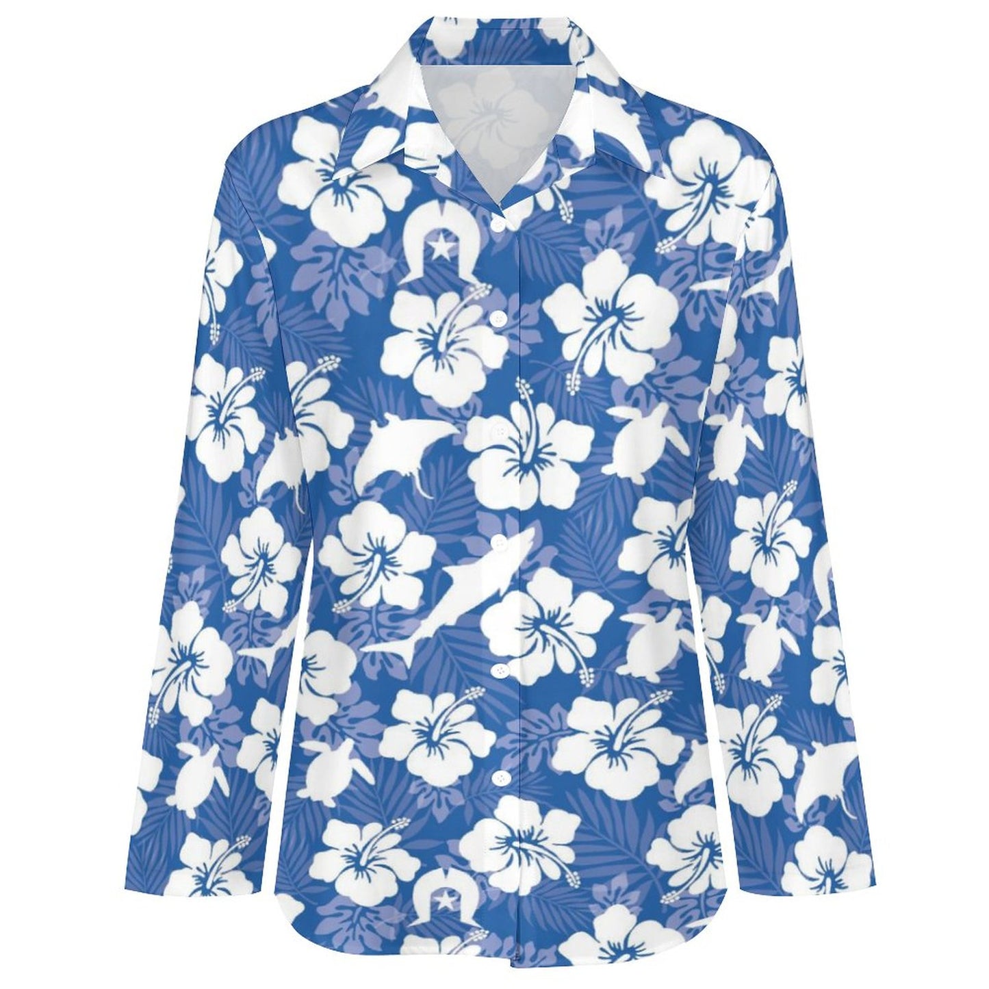 White hibiscus flowers with Dhari, Shark, turtle, and stingray on Women's shirts