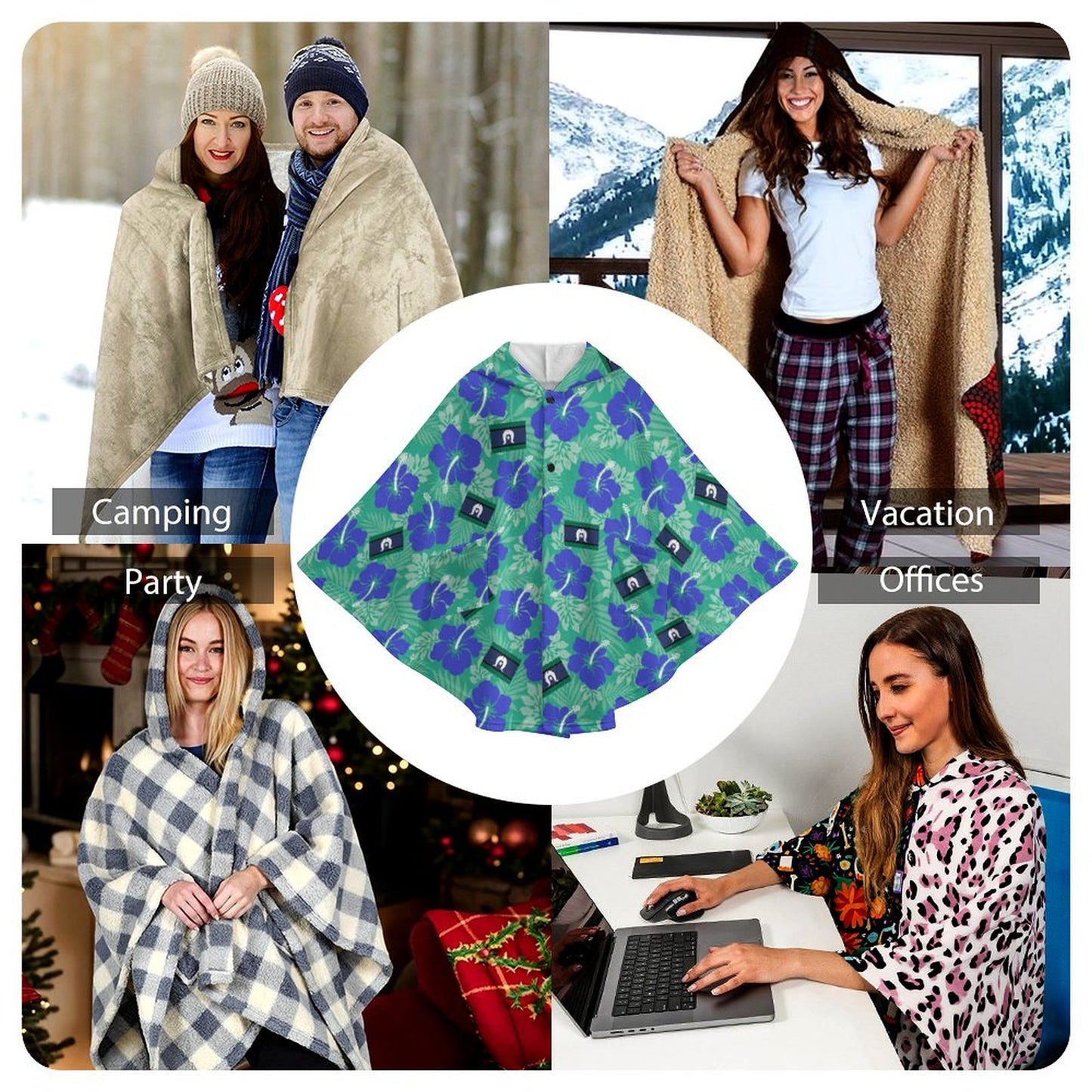 Hibiscus flowers with Torres Strait Flag on Fleece Hooded Cape for Adults