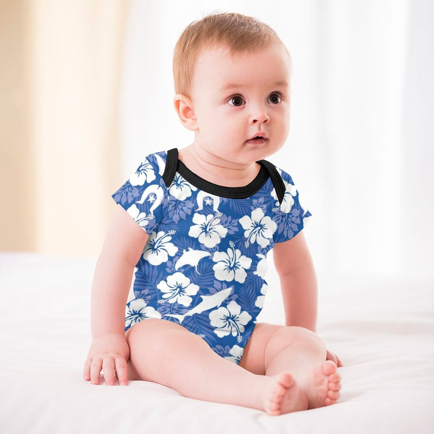 White hibiscus flowers with Dhari, Shark, turtle, and stingray on Faux Cotton Short Sleeve Baby Romper