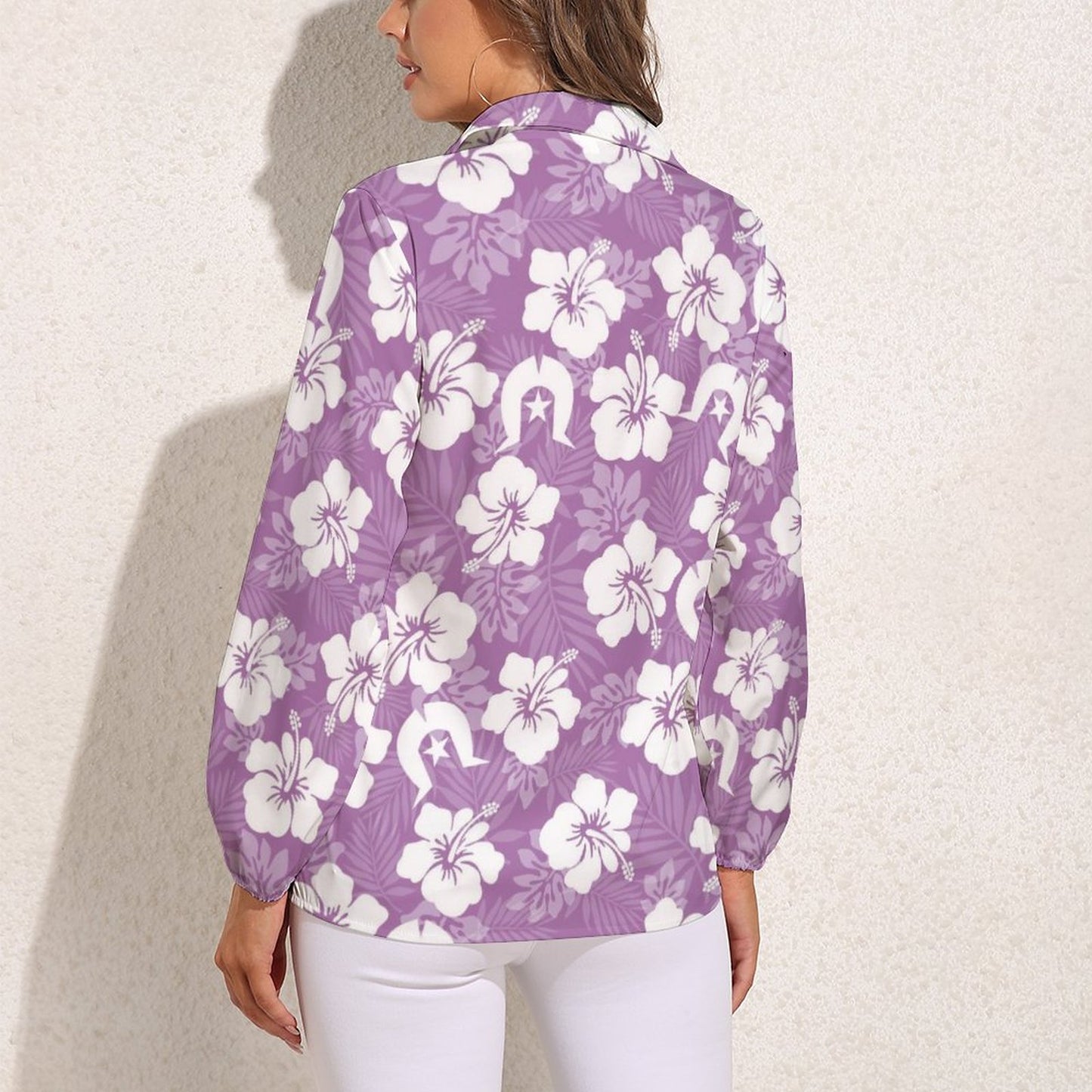 White Hibiscus and Dhari (Purple) on Casual Long Sleeve Vintage Tour Shirt