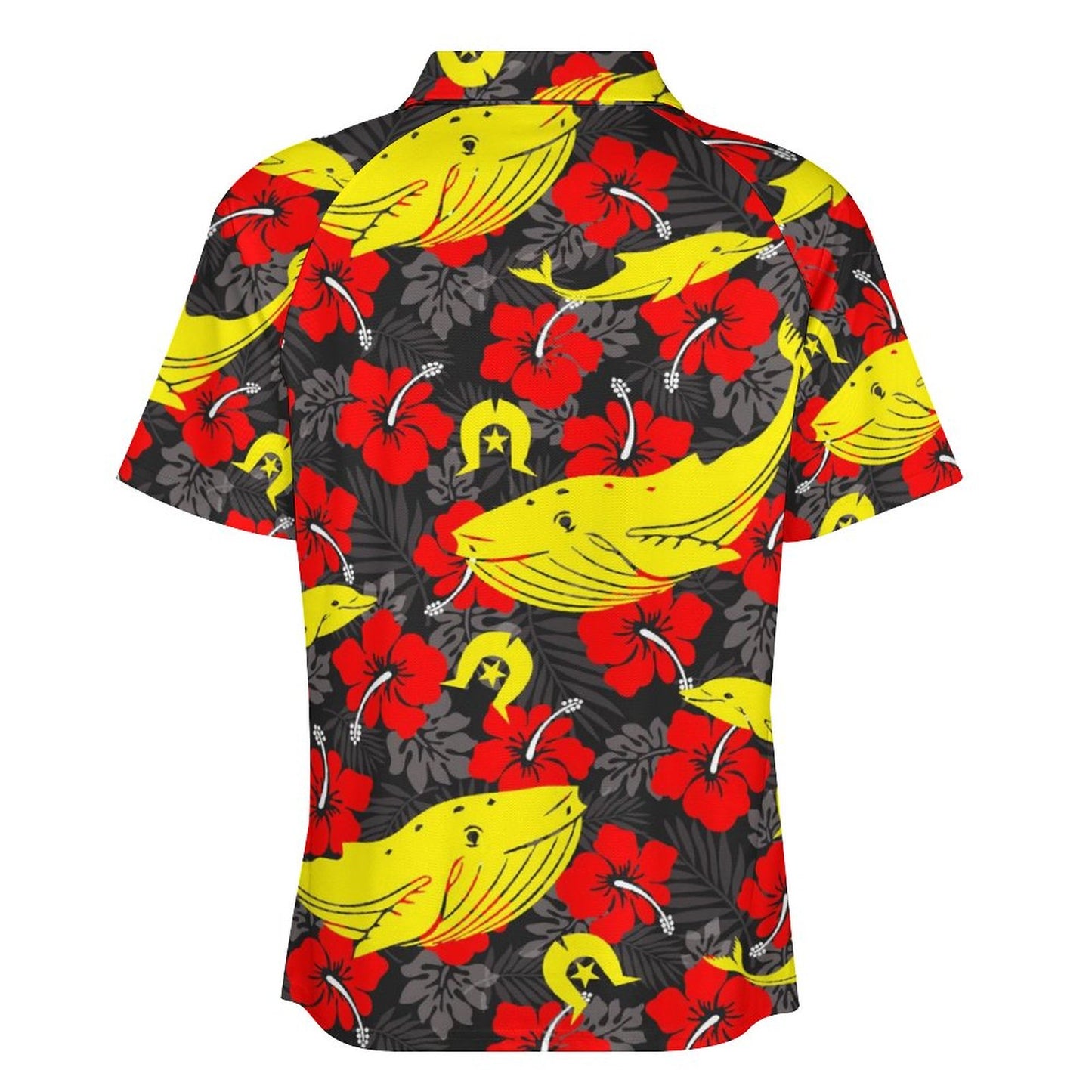 Royal Red Hibiscus with Yellow Dhari, Whale and Dolphin on Short Sleeved Sportswear Men's T Shirt