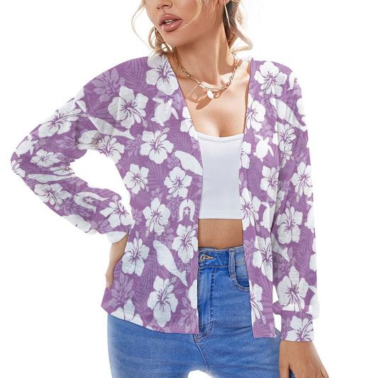 White Hibiscus flowers with Dugong, Turtle and Dhari on Long Sleeve Drop Shoulder Open Shirt