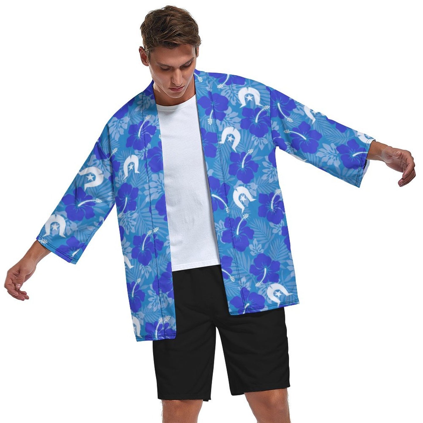Hibiscus flowers with Dhari (Royal blue) on Drop Shoulder Male Kimono Cardigan