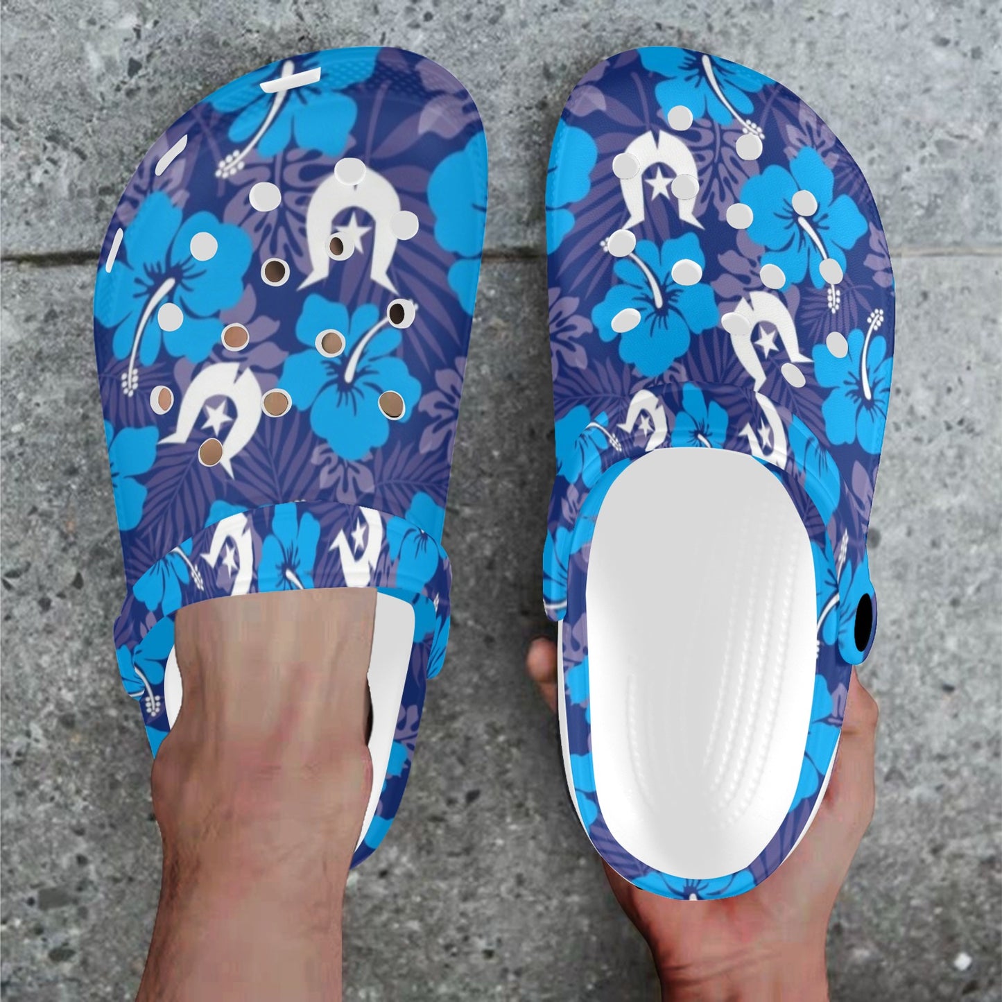 Hibiscus flowers with White Dhari (Royal blue) on Adults Clogs