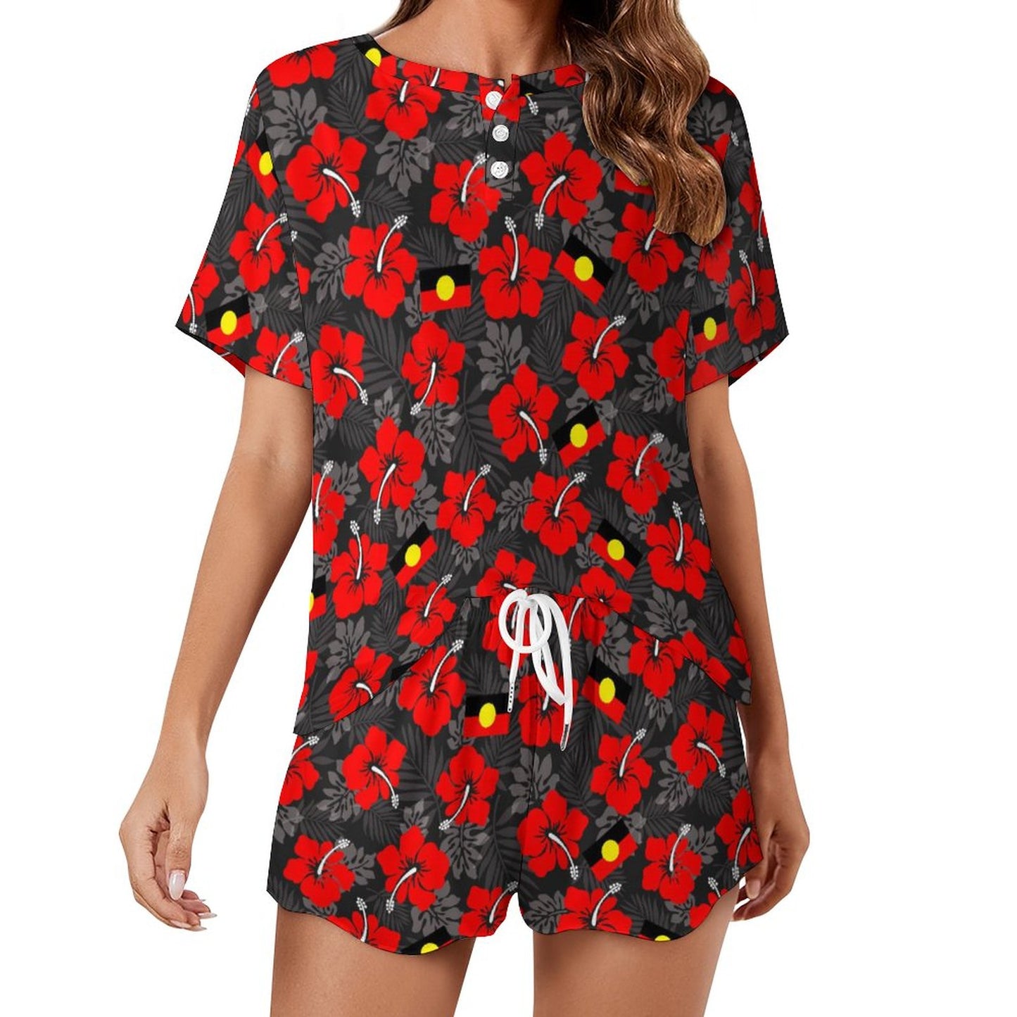 Royal Red Hibiscus and Aboriginal flag on Short Sleeve Loungewear Set