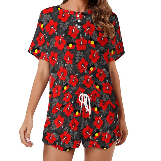 Royal Red Hibiscus and Aboriginal flag on Short Sleeve Loungewear Set