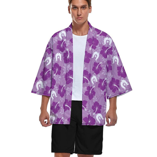 Hibiscus flowers with White Dhari (Royal purple) on Drop Shoulder Male Kimono Cardigan