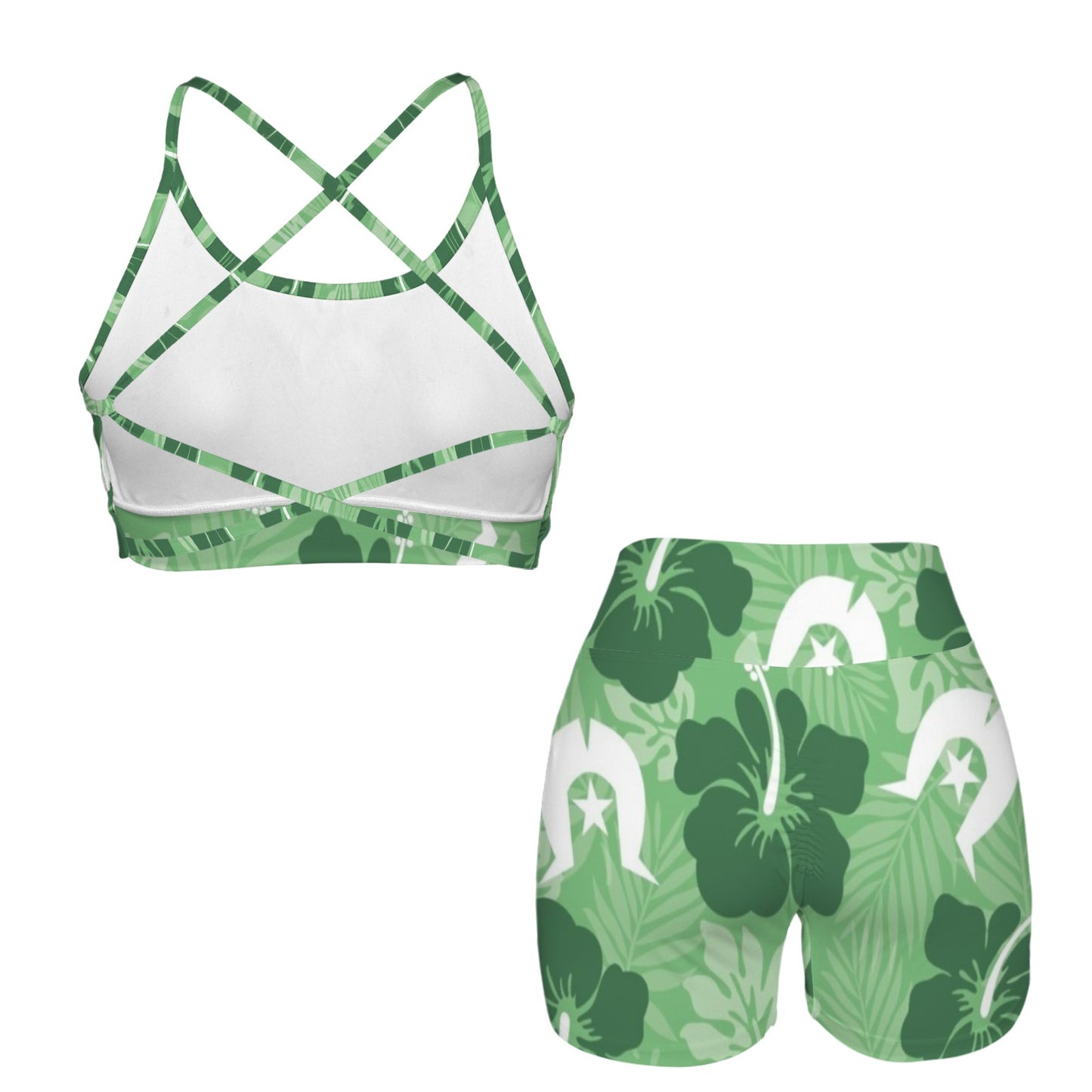 Hibiscus flowers with Dhari (Sea Grass Green) on Cross Back String Sports Bra & High Waist Shorts Active Sets
