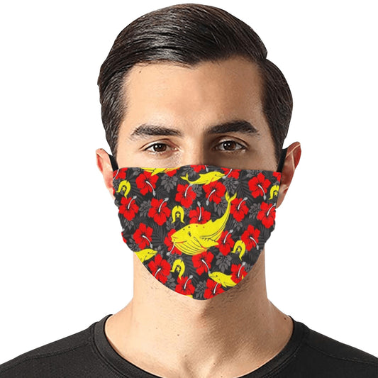 Royal Red Hibiscus with Yellow Dhari, Whale and Dolphin on Cotton Facemask with Adjustable Strip (ModelM07)(Made In AUS)
