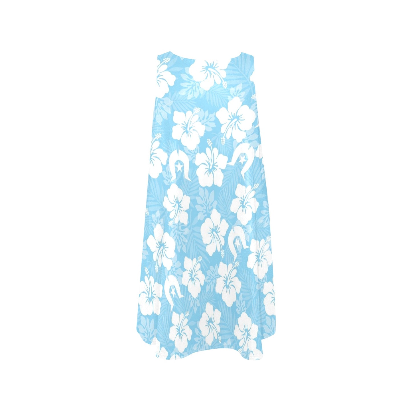 White hibiscus and Dhari (Blue) on Sleeveless Tank Dress with Pockets