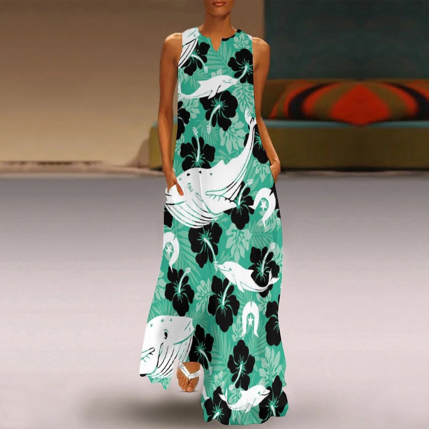 Black Hibiscus with Whale, Dolphin and Dhari on Sleeveless Ankle-length Dress