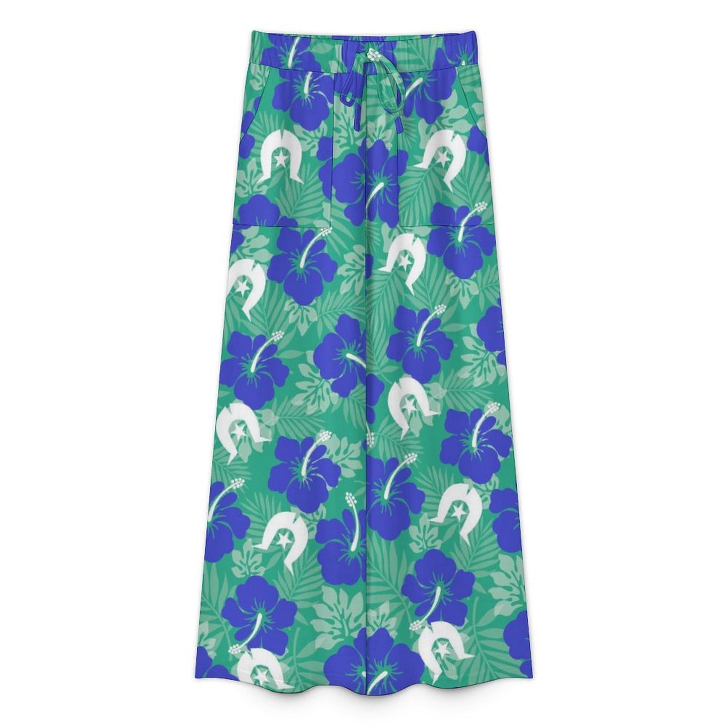 Blue Hibiscus flowers with Dhari on Women’s Wide-Leg Pants