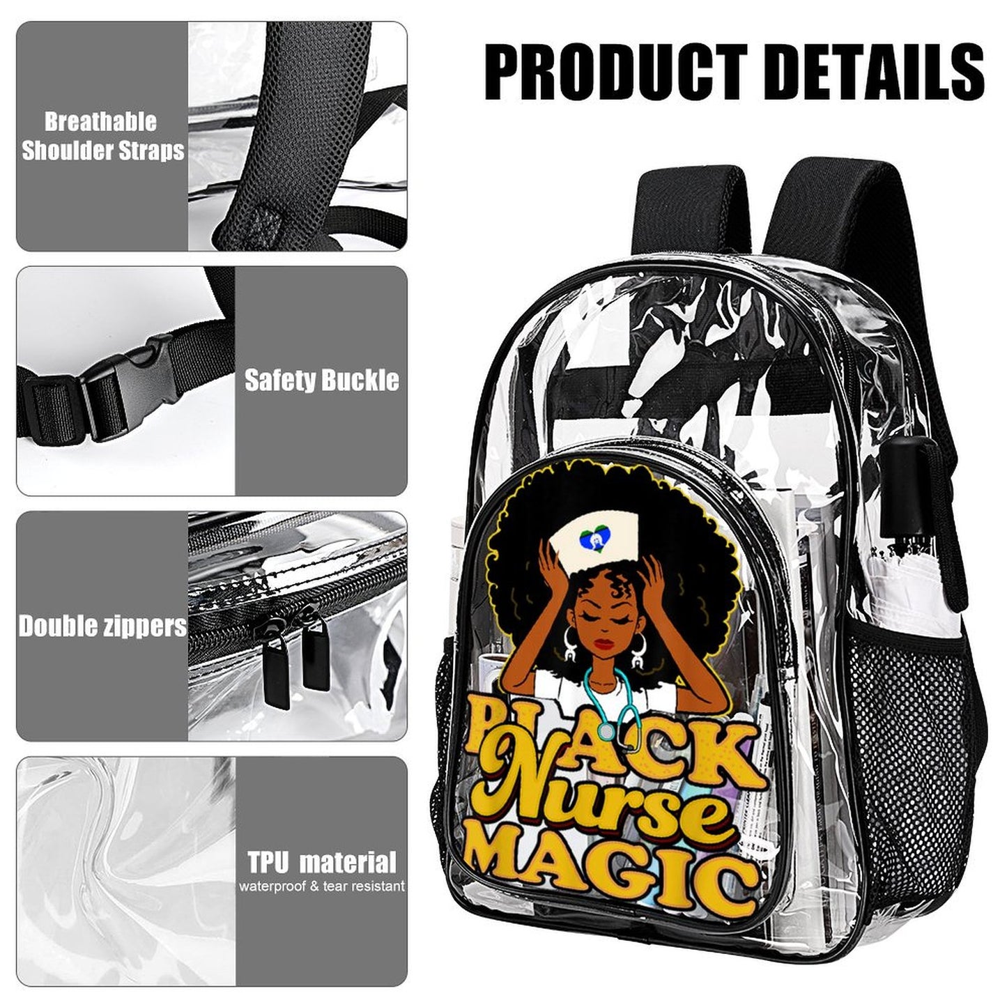 Black Nurse Magic with heart shaped Torres Strait flag on Clear Backpack