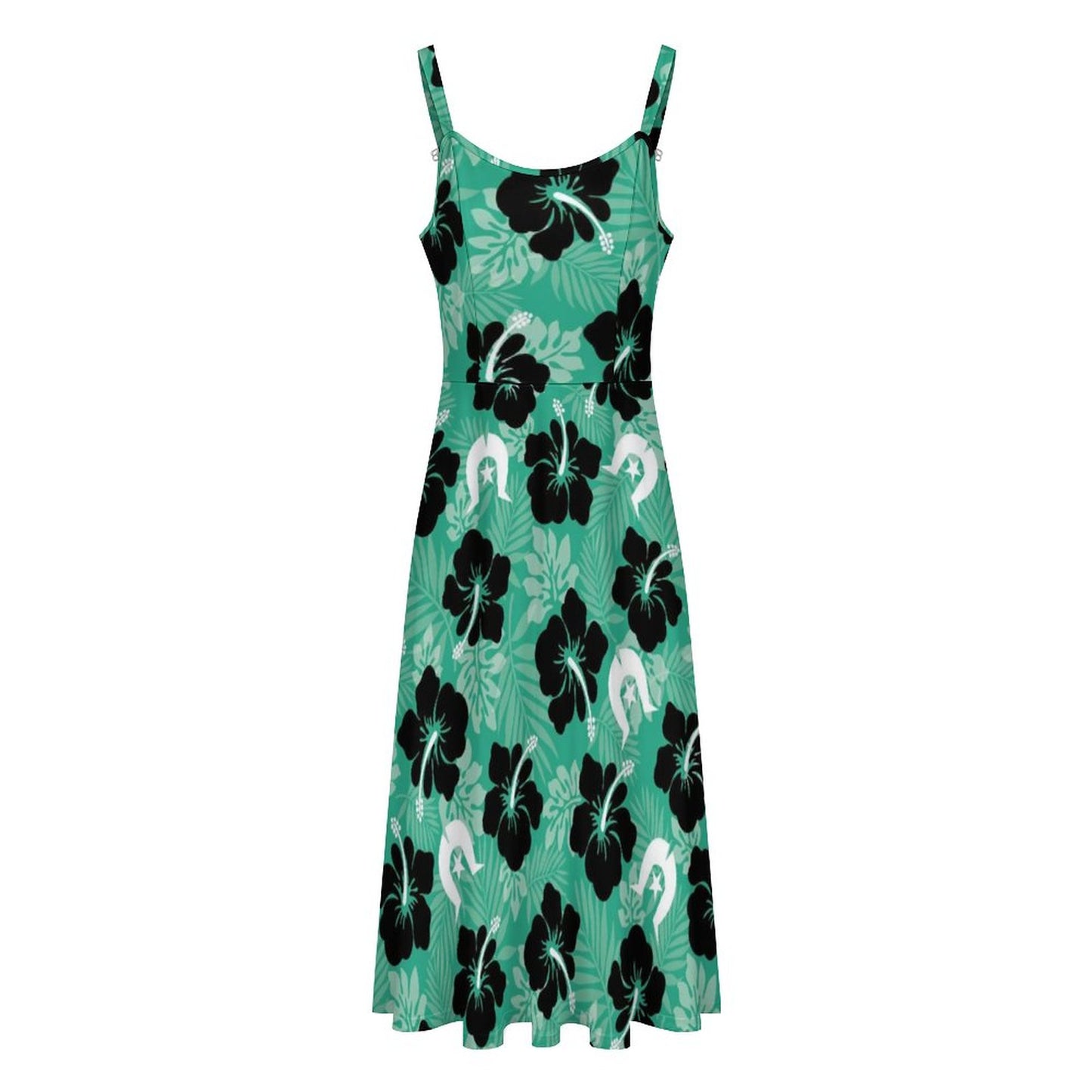 Black Hibiscus with White Dhari on Midi Spaghetti Strap Dress