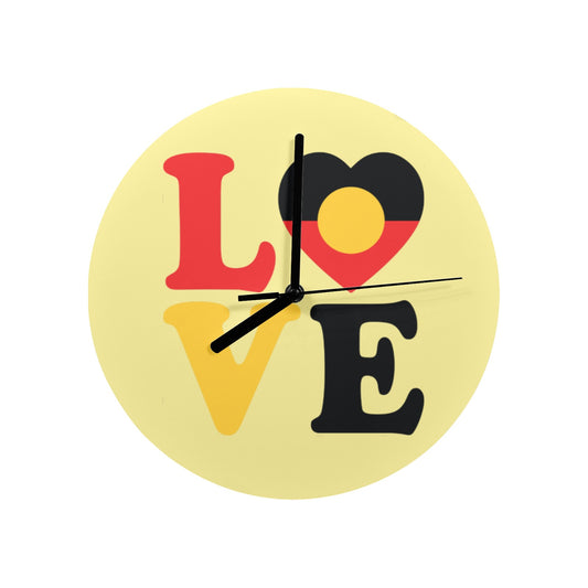 Aboriginal flag with LOVE on Wall Clock