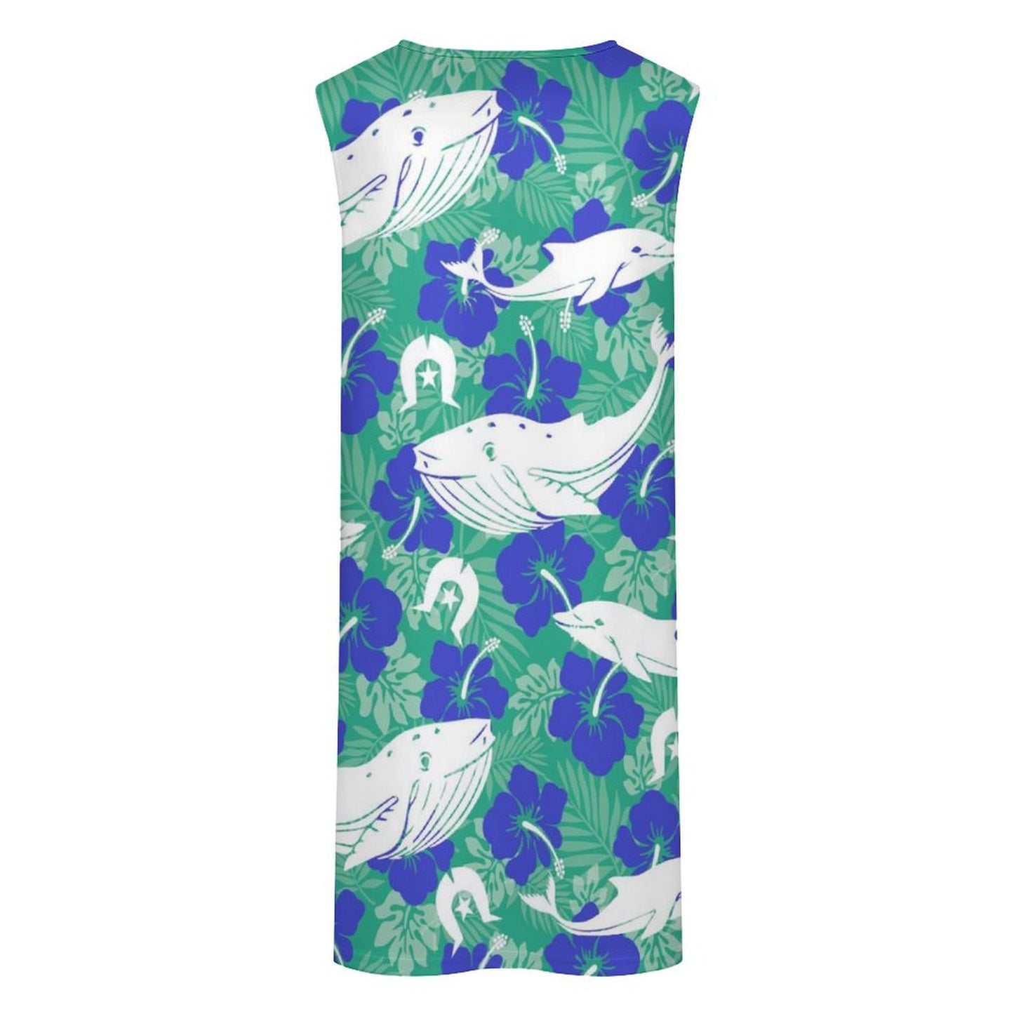 Royal Blue Hibiscus flowers with Whale, Dolphin and Dhari on Sleeveless Pocket Dress