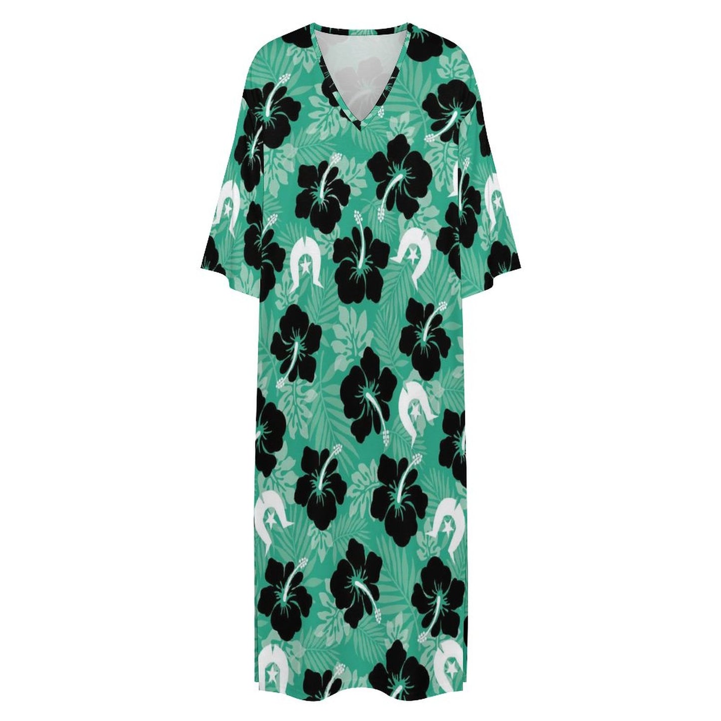 Black Hibiscus with White Dhari on Mediterranean Style V Neck Mid-Sleeve Robe