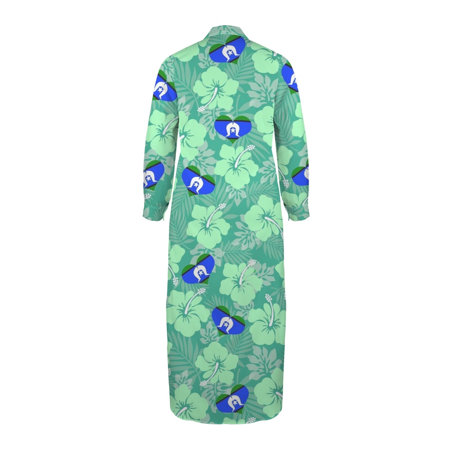 Hibiscus flowers with Torres Strait Heart Flag (Royal Mint) on Button Long Sleeve Shirt Dress
