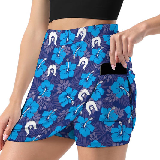 Hibiscus flowers with White Dhari (Royal blue)  on Anti-peep Skort with Pocket AMQ