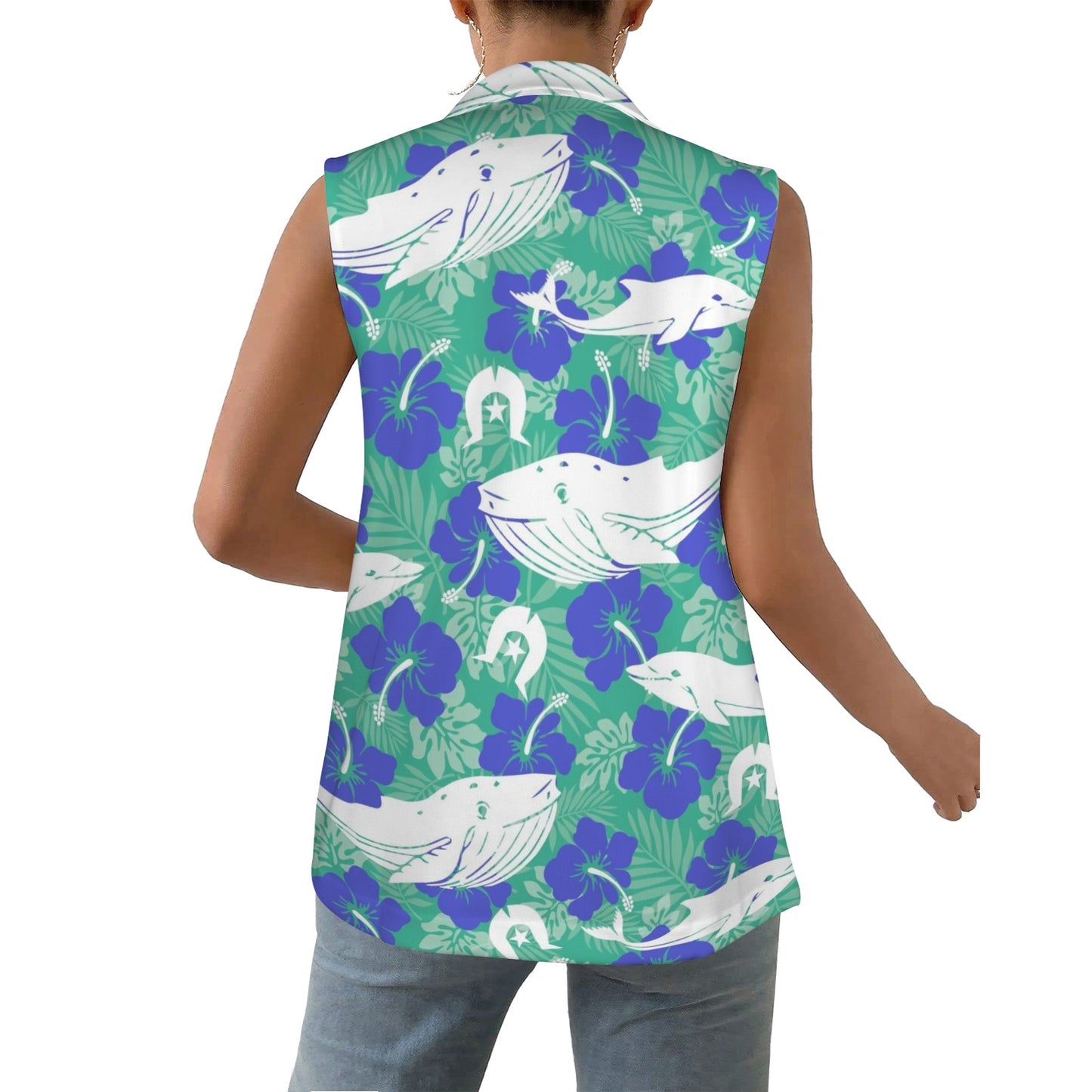 Royal Blue Hibiscus flowers with Whale, Dolphin and Dhari on Women Sleeveless Suit Vest