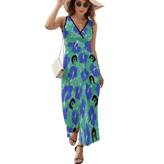 Royal Blue Hibiscus flowers with Black Dhari on V Neck Sleeveless Dress