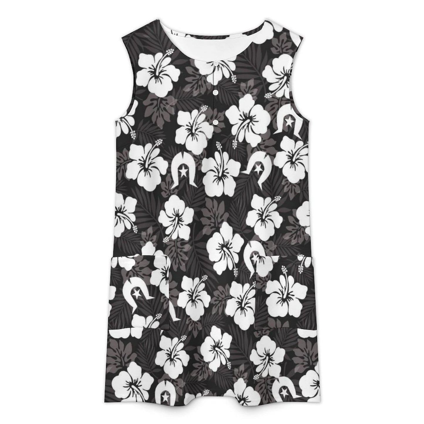 White Hibiscus and Dhari (Black) on Sleeveless Pocket Dress