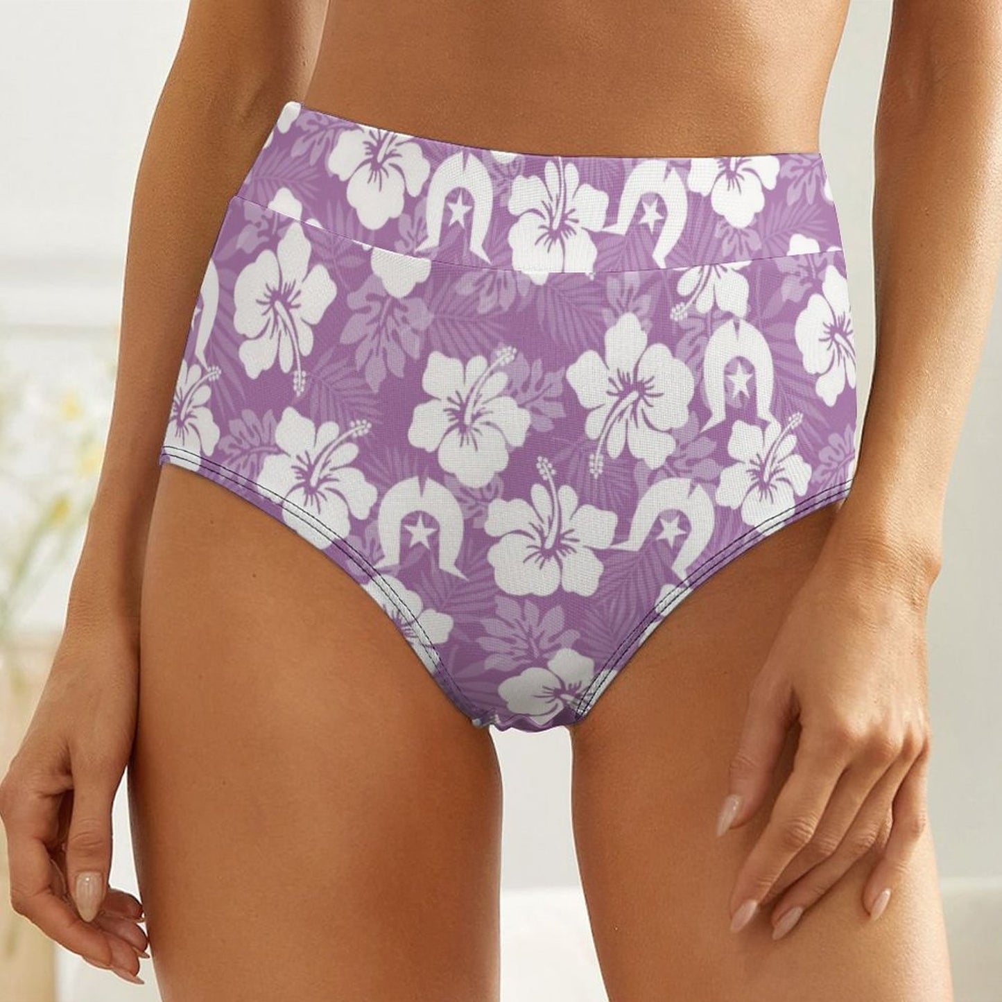 White Hibiscus and Dhari (Purple) on Women's High-Rise Panties