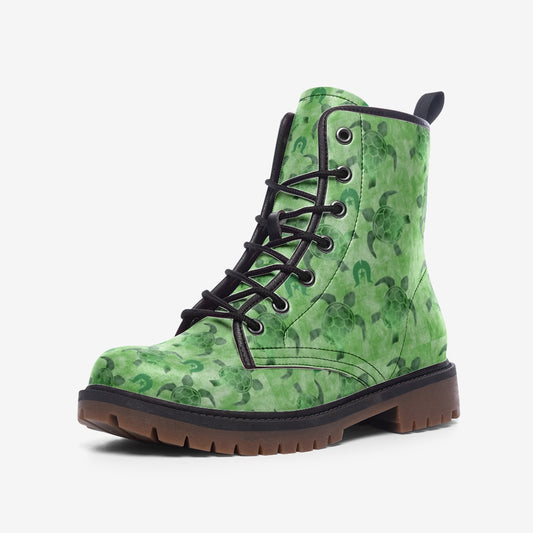 Green Turtle Pattern on Casual Leather Lightweight Boots