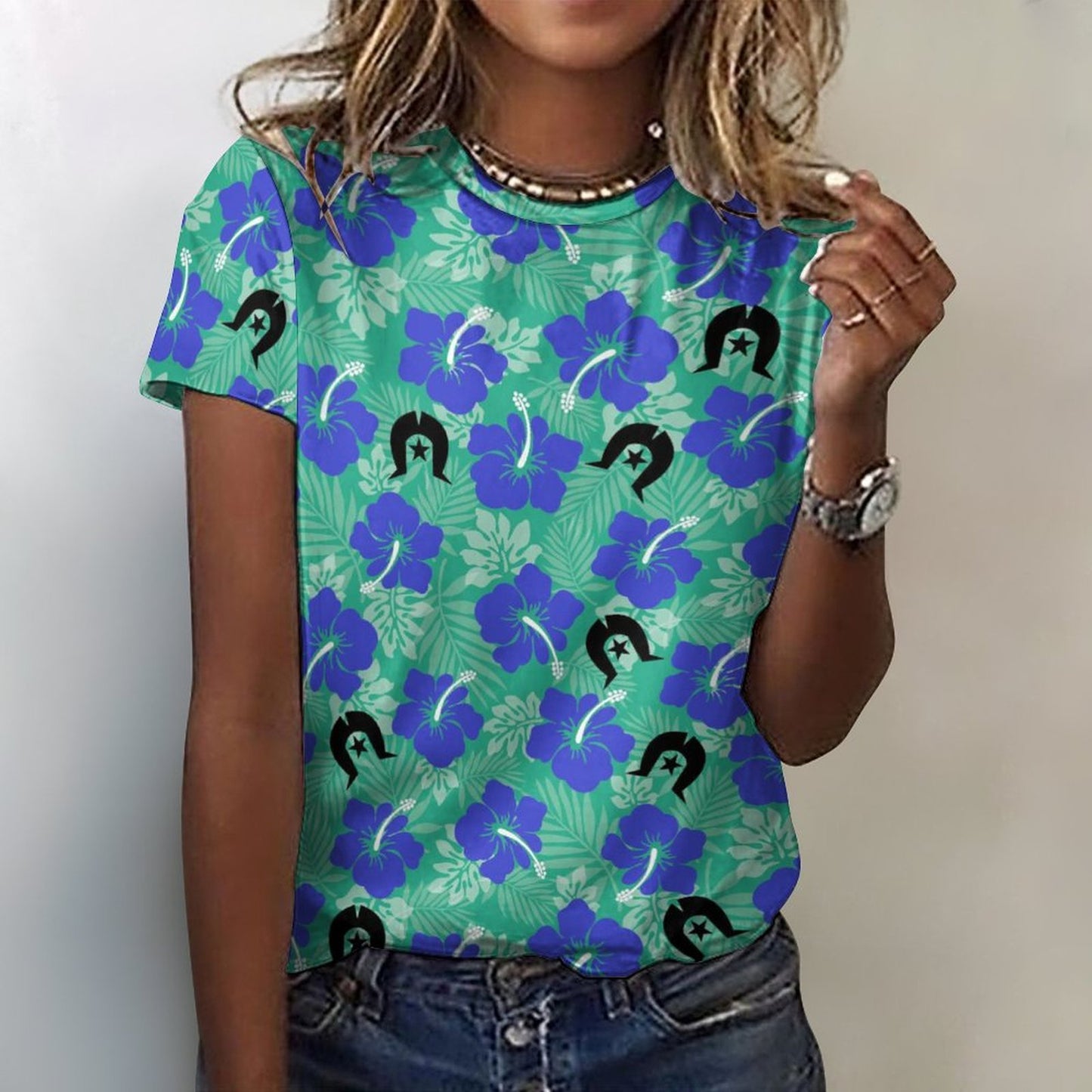 Royal Blue Hibiscus flowers with Black Dhari on Cotton Summer Short Sleeve T-Shirts for Women