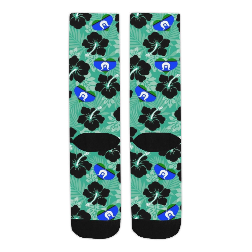 Black Hibiscus with Torres Strait heart shaped flag on Crew Socks (Made In AUS)