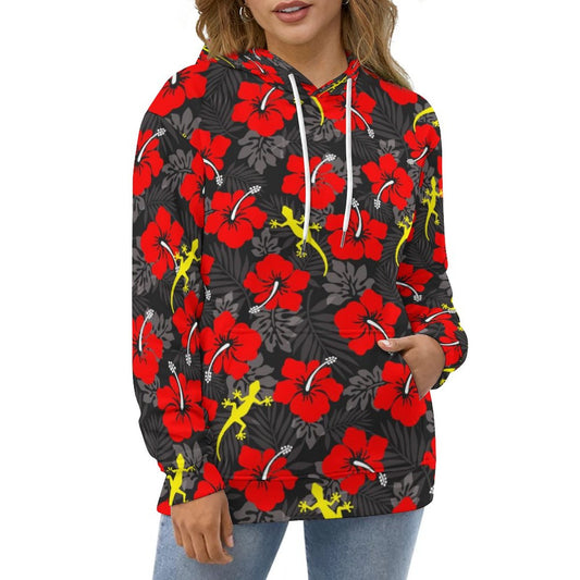 Royal Red Hibiscus flowers with Gecko on Lady Hoodie with Double-layer Cap
