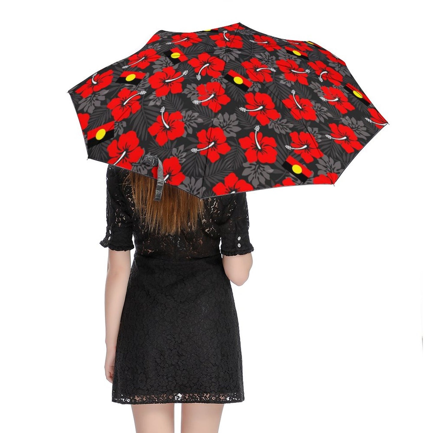 Red Hibiscus with Aboriginal flag on Tri-fold Automatic Umbrella