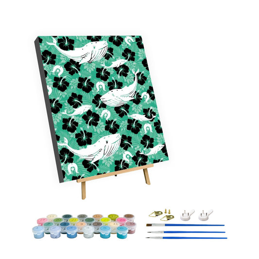 Black Hibiscus with Whale, Dolphin and Dhari on Framed Paint by Numbers Kit for Adults with Stand