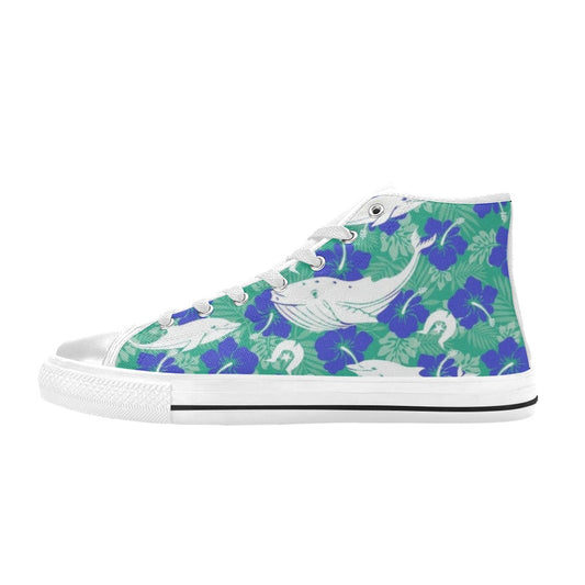Royal Blue Hibiscus flowers with Whale, Dolphin and Dhari on Women's High Top Canvas Shoes