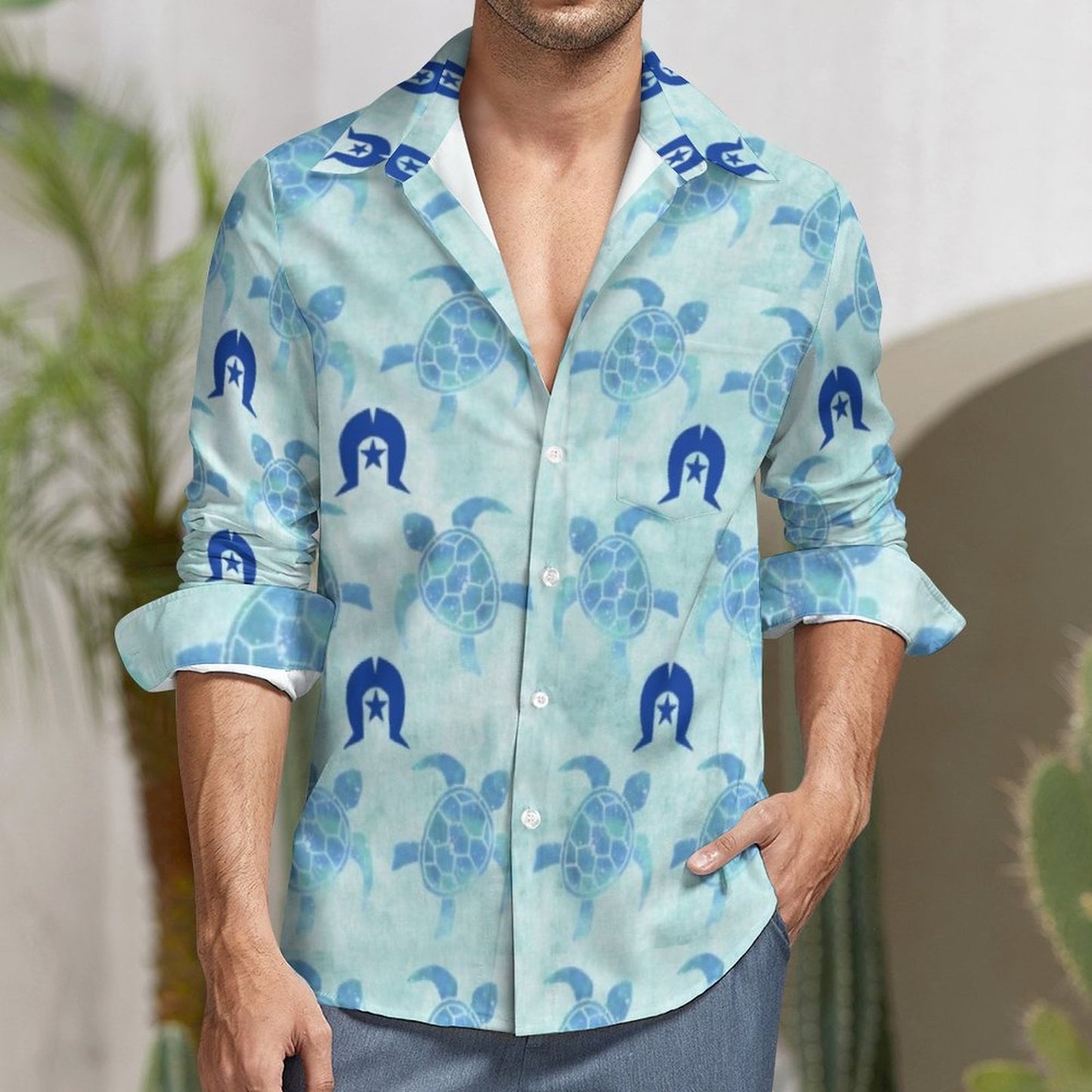 Blue Turtle Pattern on Men's Long Sleeve Shirt