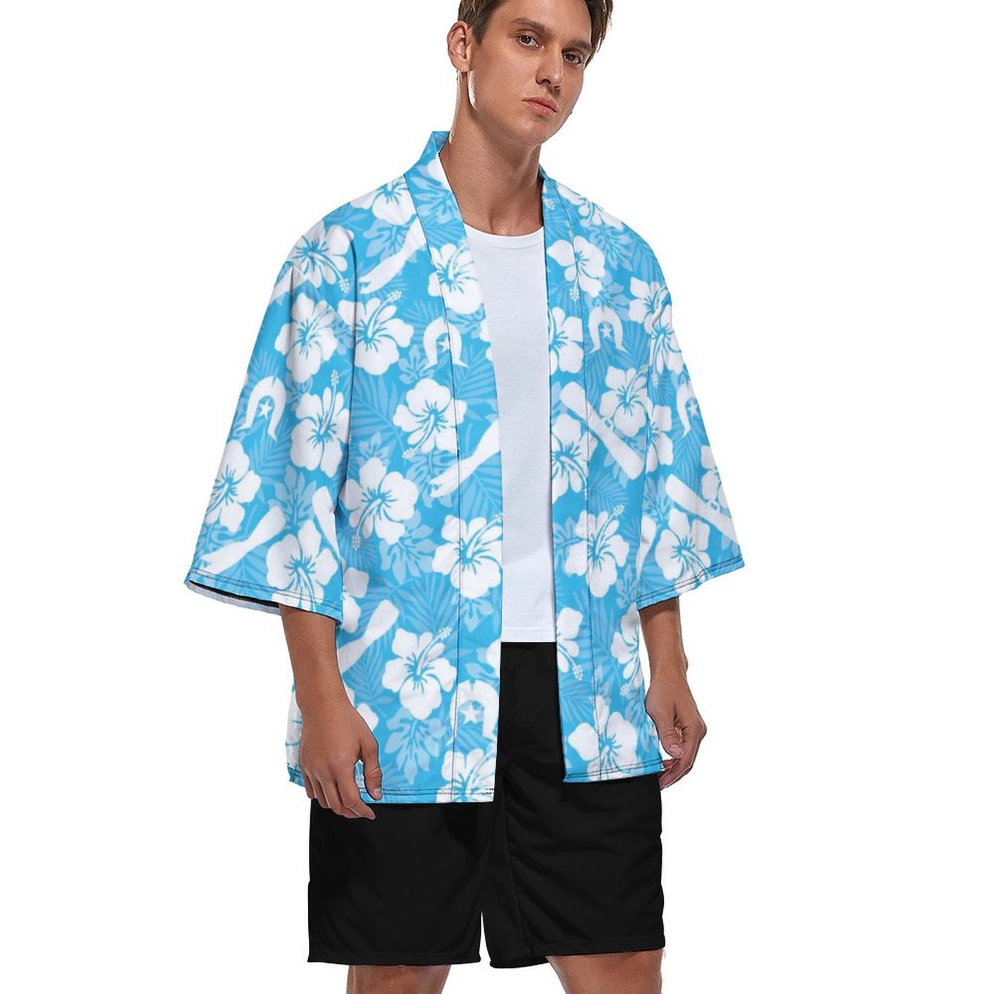 White Hibiscus flowers, Warup and Dhari on Drop Shoulder Male Kimono Cardigan